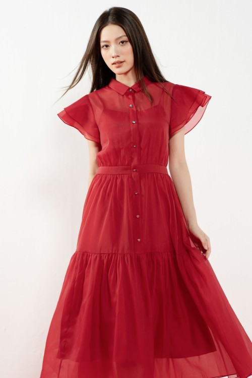 Sixdo Red Organza Midi Dress